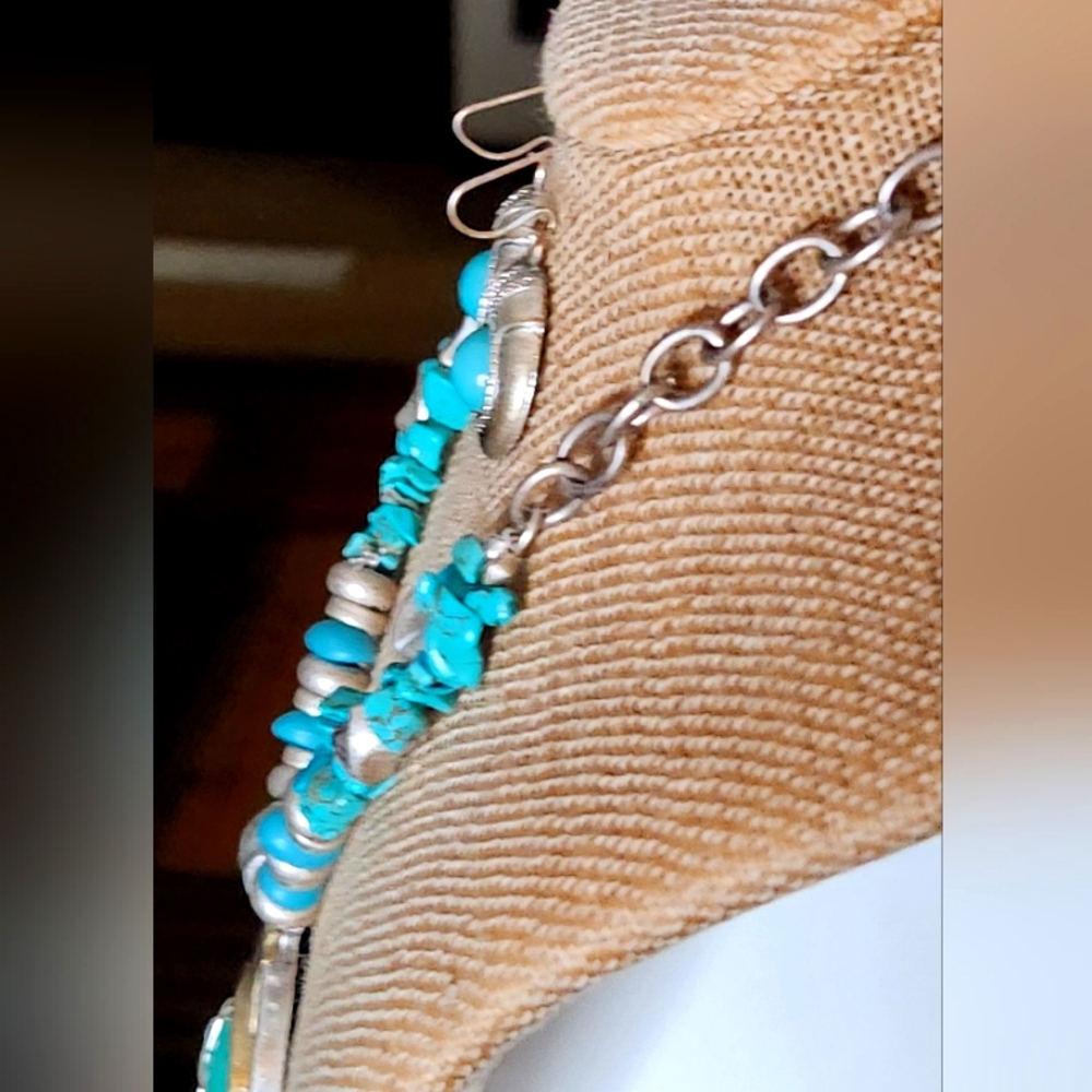 Turquoise Color Multistrand w/Pendant Silver/gold Toned Faux Stone Necklace Set - Picture 2 of 3